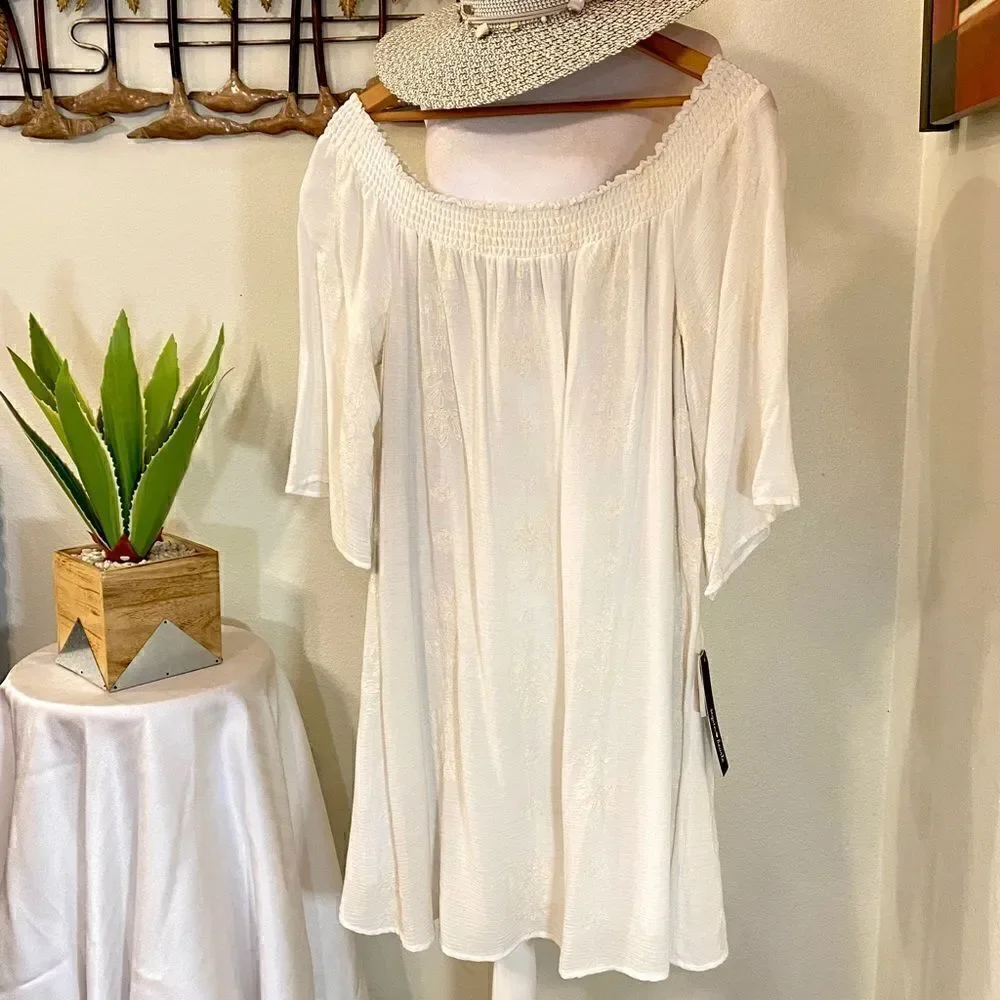 SEQUIN HEARTS OFF WHITE/IVORY WHIMSICAL PRINT OFF THE SHOULDER DRESS NWT